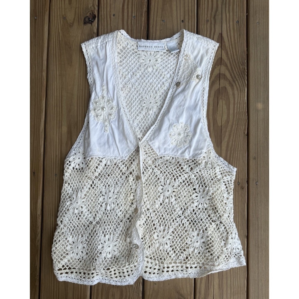 Vintage Kathryn Deene Crochet Knit Botton Cream Vest Boho Cottage Core Lg